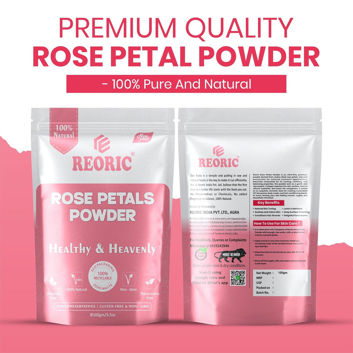 REORIC Rose Petal Powder for Face Pack & Skin Care -100g
