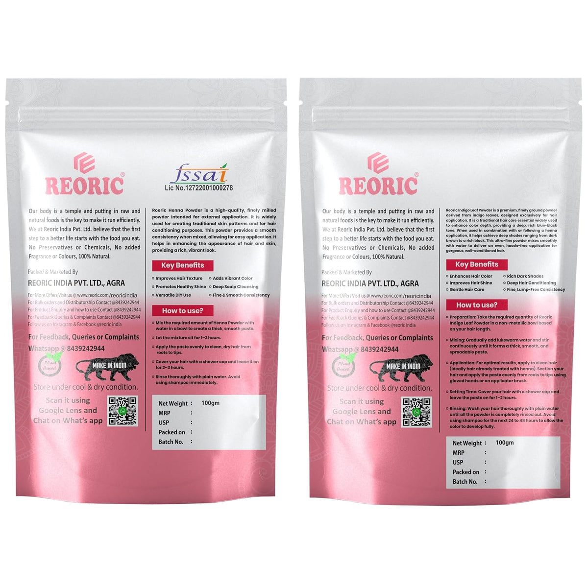 REORIC Henna Powder 100g and Indigo Leaf Powder 100g Combo