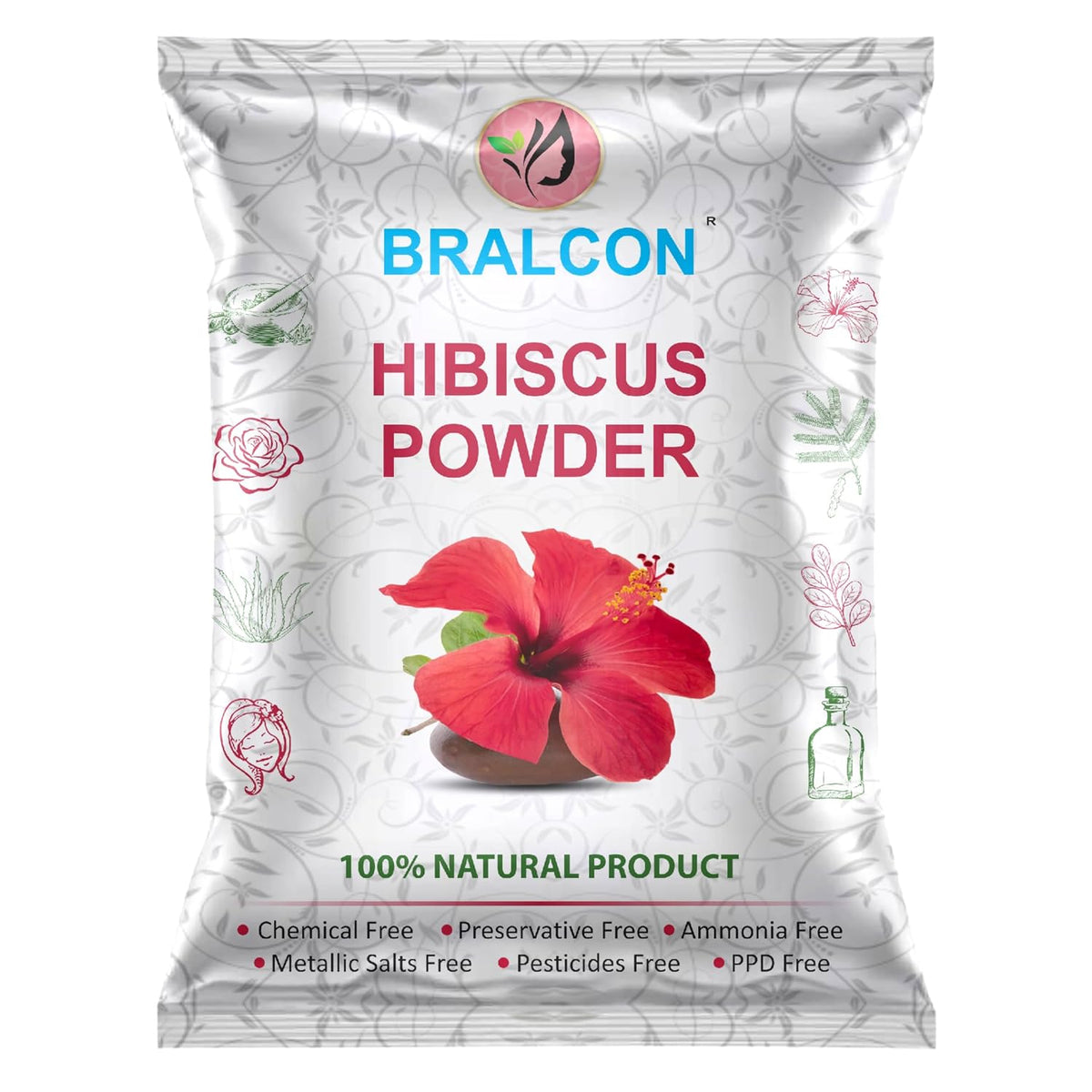 BRALCON Hibiscus Powder - 100gm, Natural Pure Hibiscus Rosa-Sinensis Flower Powder for Face Pack and Hair Mask, Hair Conditioner for Dull Hair & Dry Scalp, Gudhal Ka Phool Powder