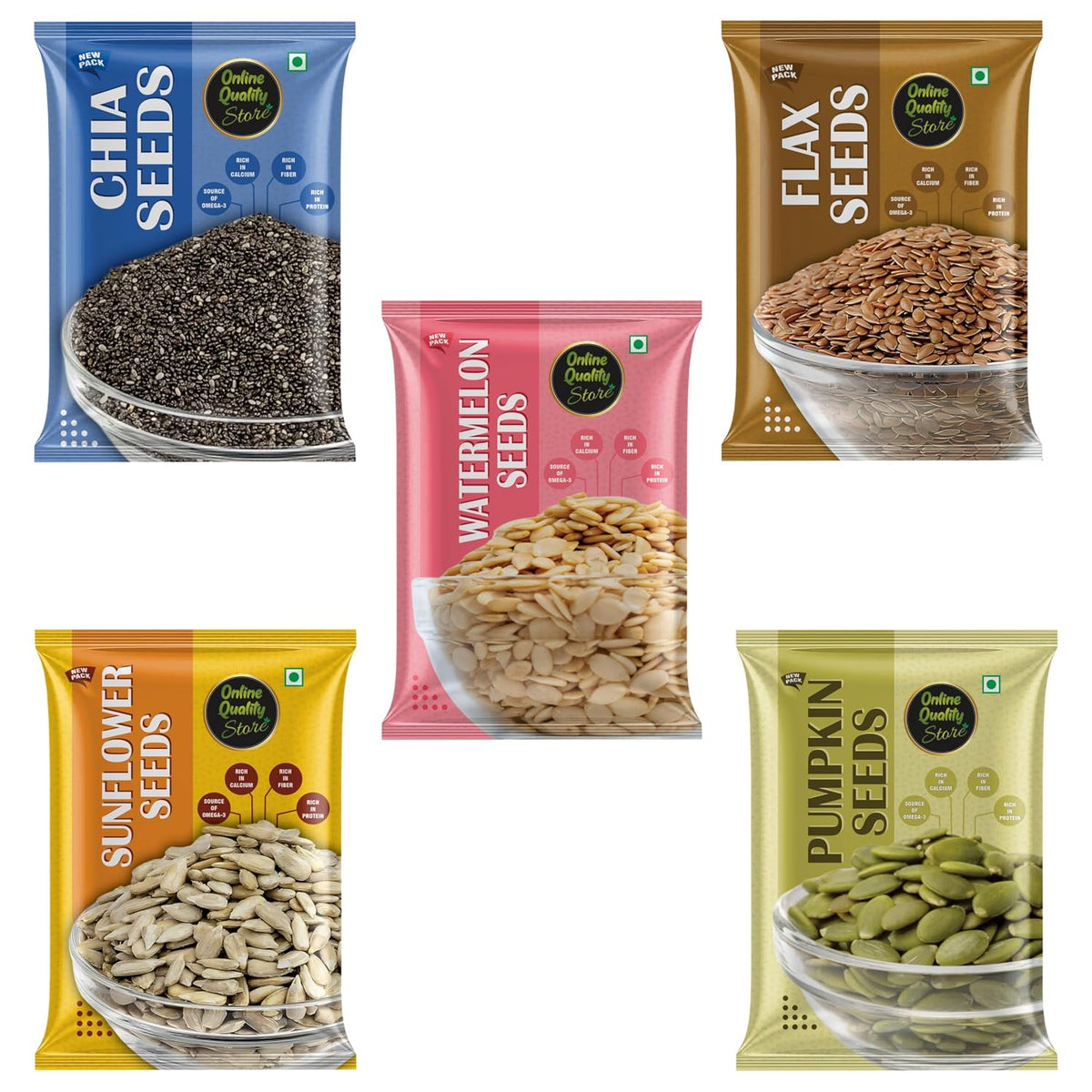 Online Quality Store Organic Combo of Chia, Watermelon, Pumpkin,Sunflower,Flax Seeds-500gm(100gm x 5)