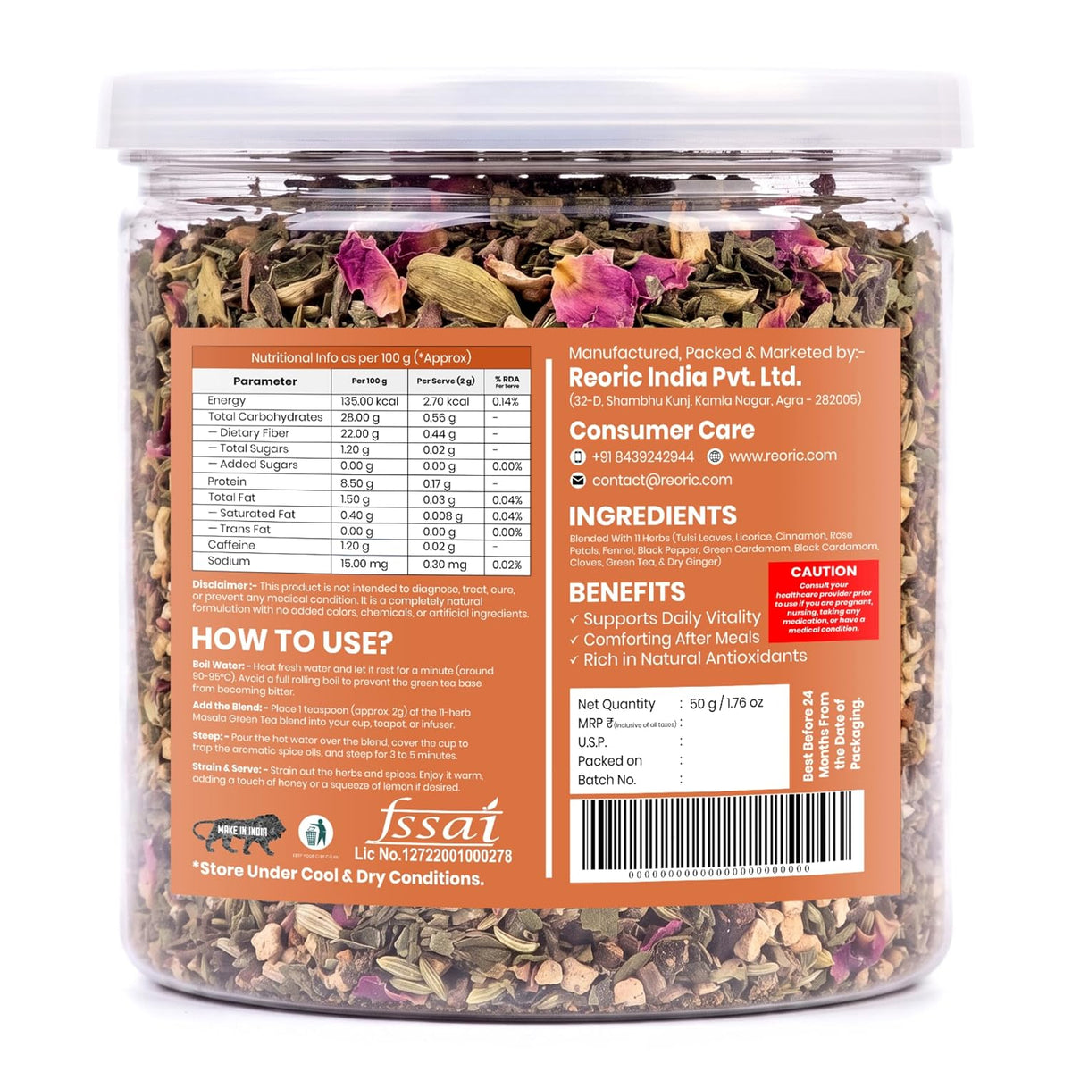 REORIC Masala Green Tea 50g | Spiced Green Tea Blend with Aromatic Indian Spices | Flavorful Hot Beverage Loose Tea | Daily Refreshment Brew