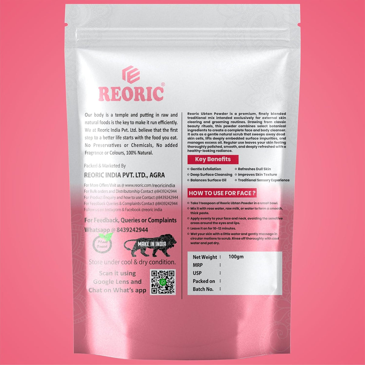 REORIC Kasturi Turmeric, Rose & Ubtan Powder Face Pack 300g (100g Pack of 3)