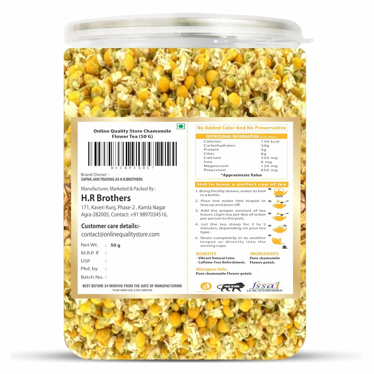 Online Quaity Store Organic Chamomile Flower Tea - 50g | Caffeine Free Herbal Tea | Sleep Tea & Stress Relief | 100% Natural Chamomile Flower Tea Leaves
