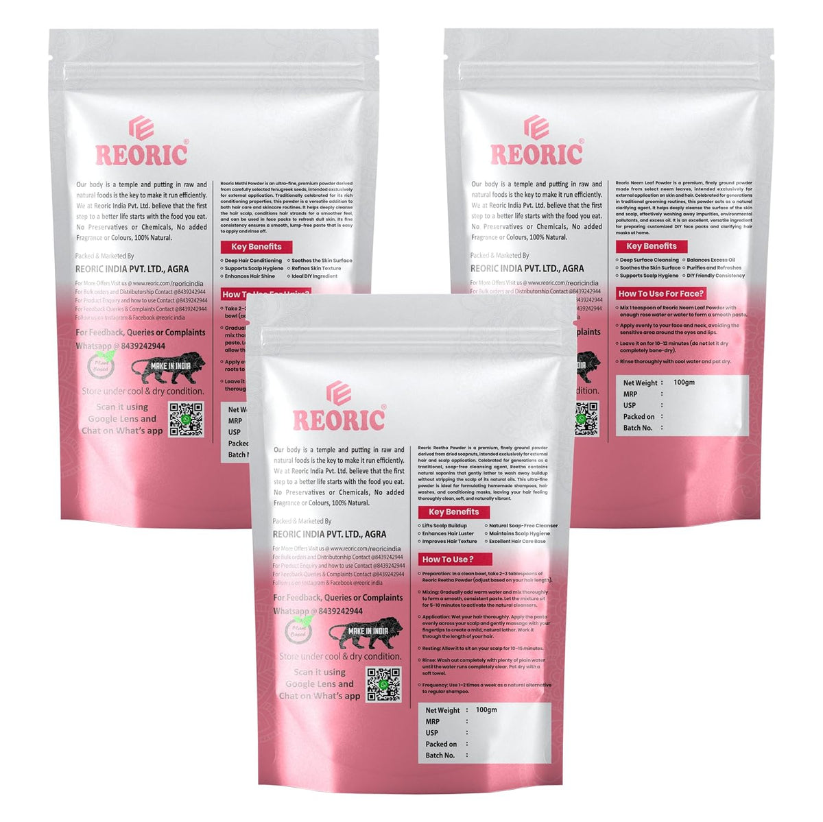 REORIC Methi, Neem, Reetha Powder Hair Care Combo (300g, 100g Each)