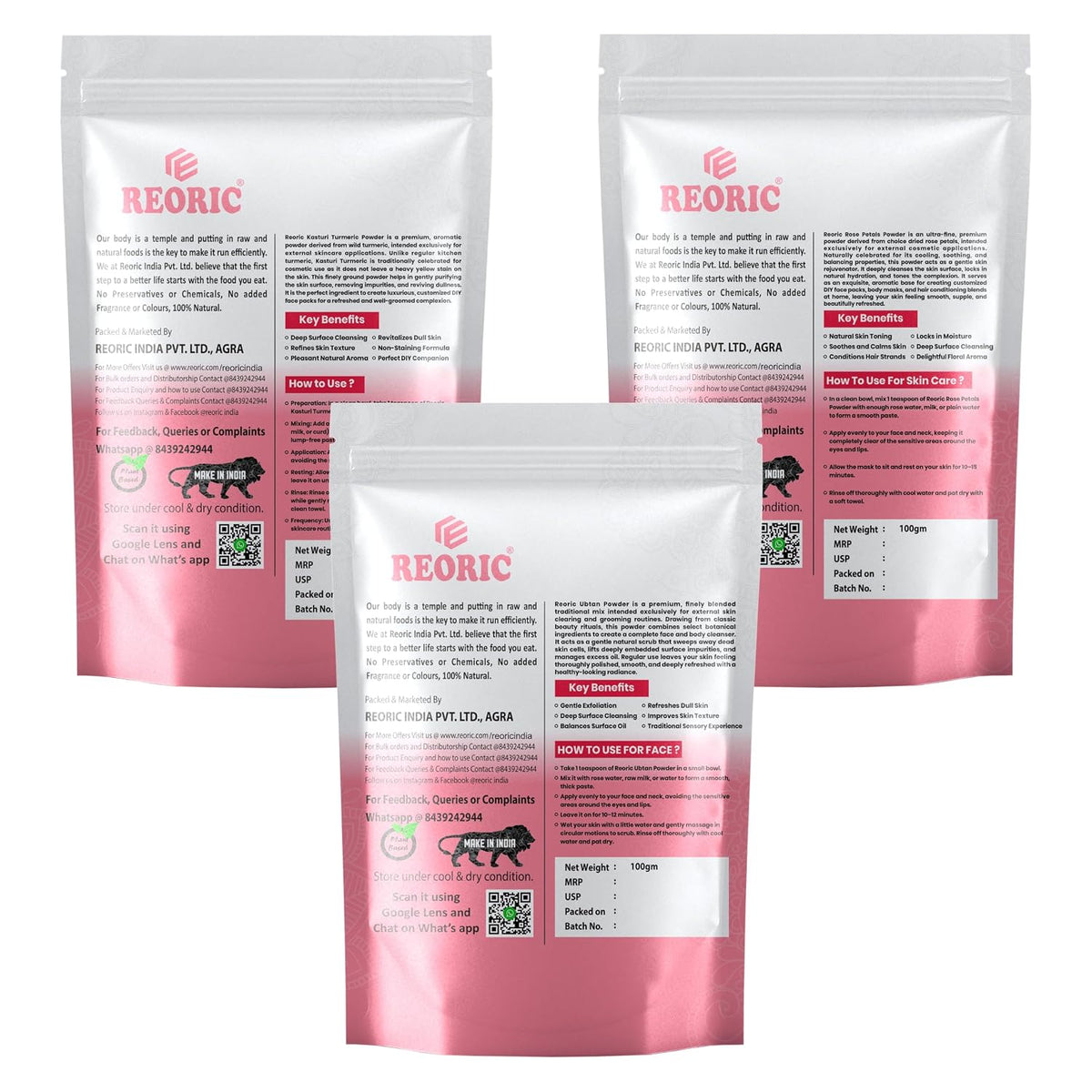 REORIC Kasturi Turmeric, Rose & Ubtan Powder Face Pack 300g (100g Pack of 3)