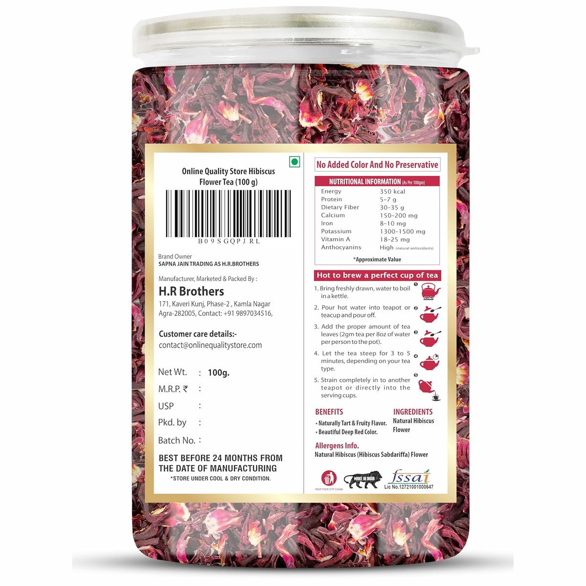 Online Quality Store Organic Hibiscus Flower Tea, Rose Flower Tea Combo- 200g (100g x 2 Pack) | Caffeine Free Herbal Tea | Premium Hibiscus Tea |use for Iced Tea, Cocktails|Improve Digestion| Rose Tea