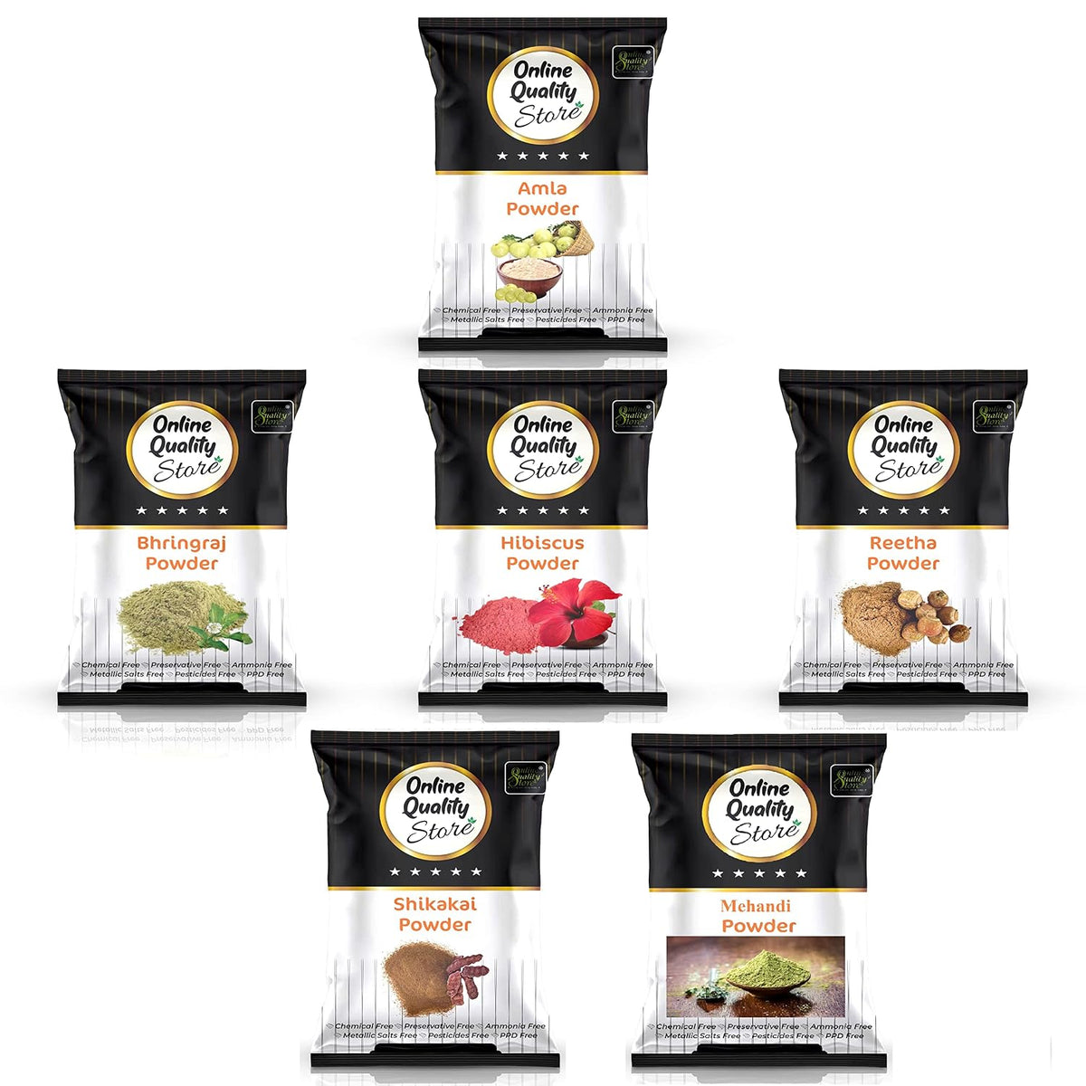 Online Quality Store Reetha (100g) + Amla (100g) + Shikakai (100g) + Bhringraj (100g) + Hibiscus (100g) + Mehandi (100g) Powder For Hairs, 600g