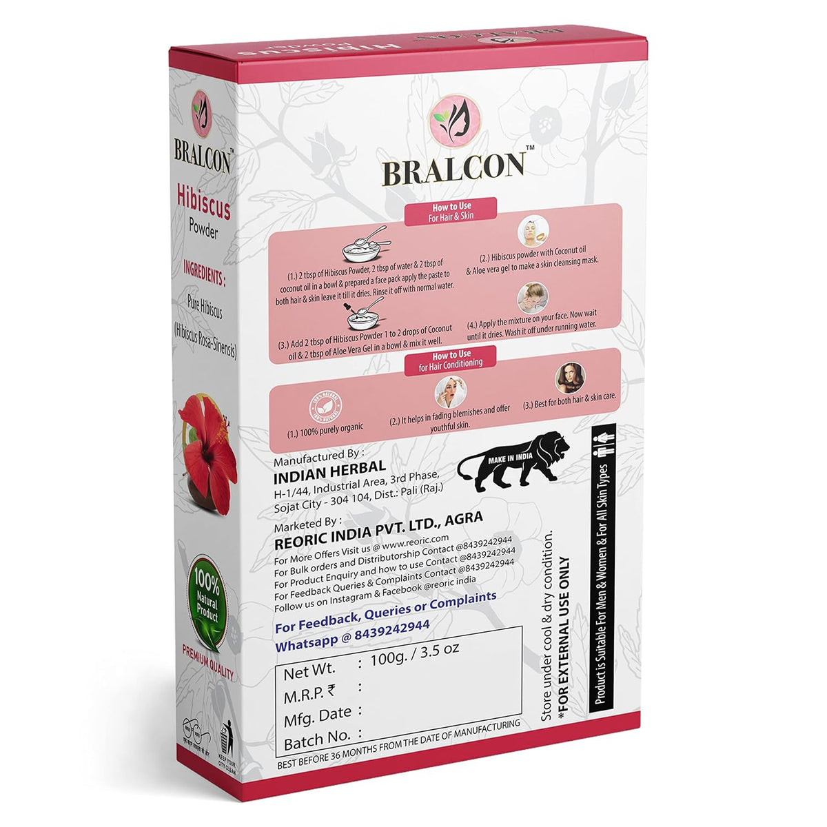 BRALCON Organic Amla, Reetha, Shikakai, Bhringraj, Hibiscus Powder Combo-500g (100g x 5 Pack)