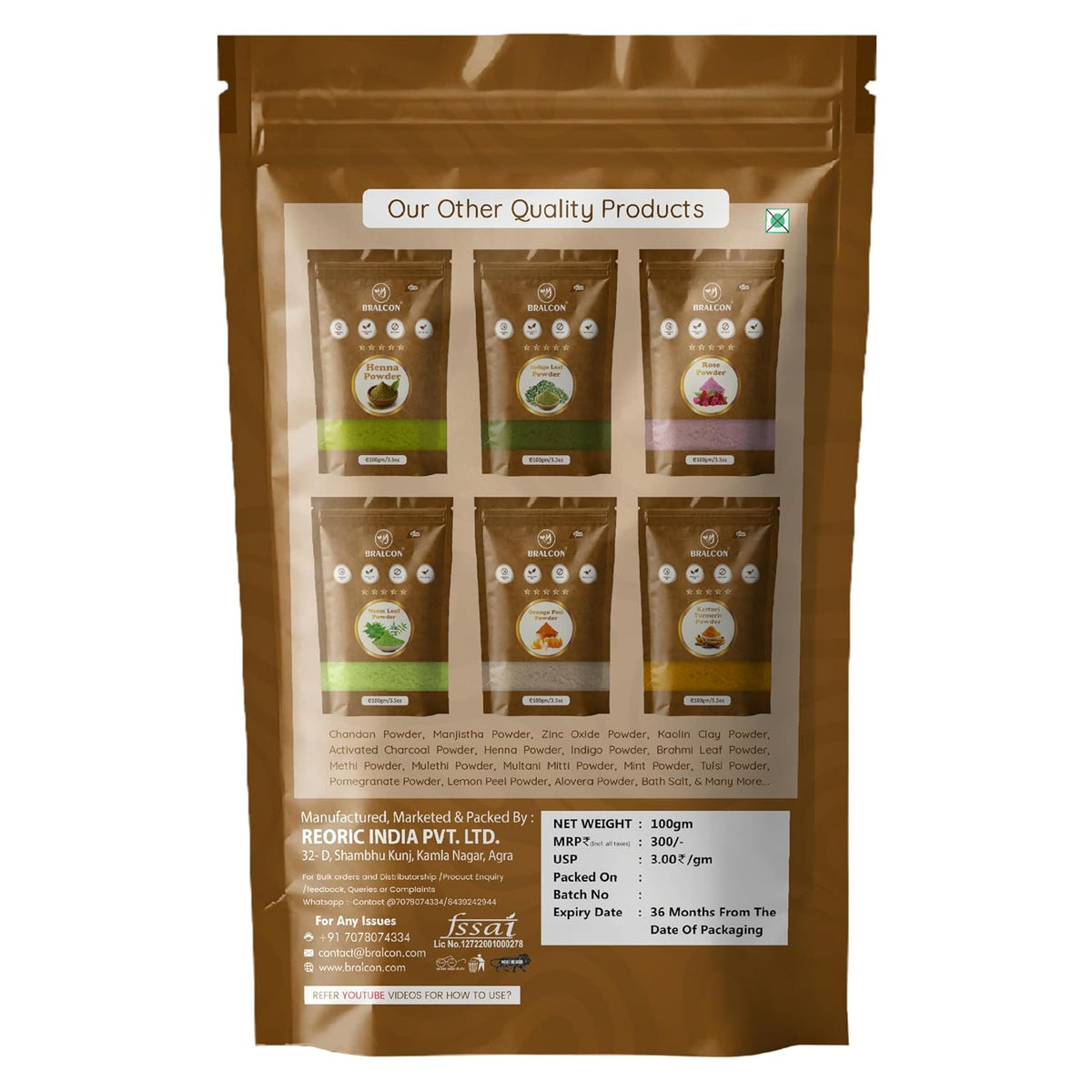 BRALCON Pure Kaolin Clay Powder 100gm – Natural Cosmetic Grade, Gentle for DIY Skincare & Face Masks