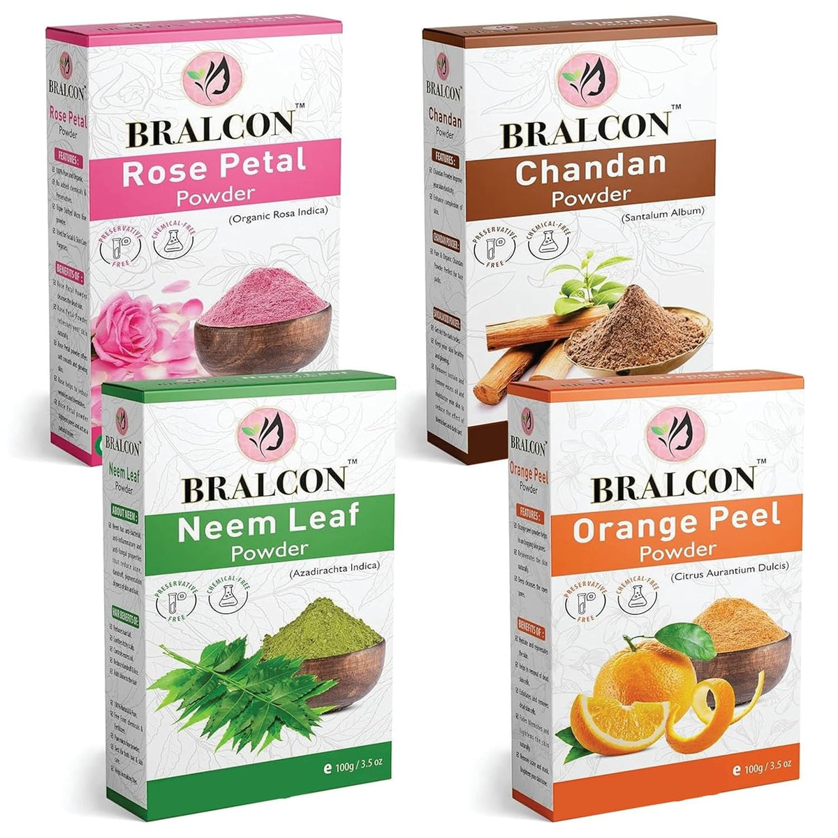BRALCON Rose, Chandan, Neem, Orange Powder Combo-400g(100g x 4 Pack, Organic)