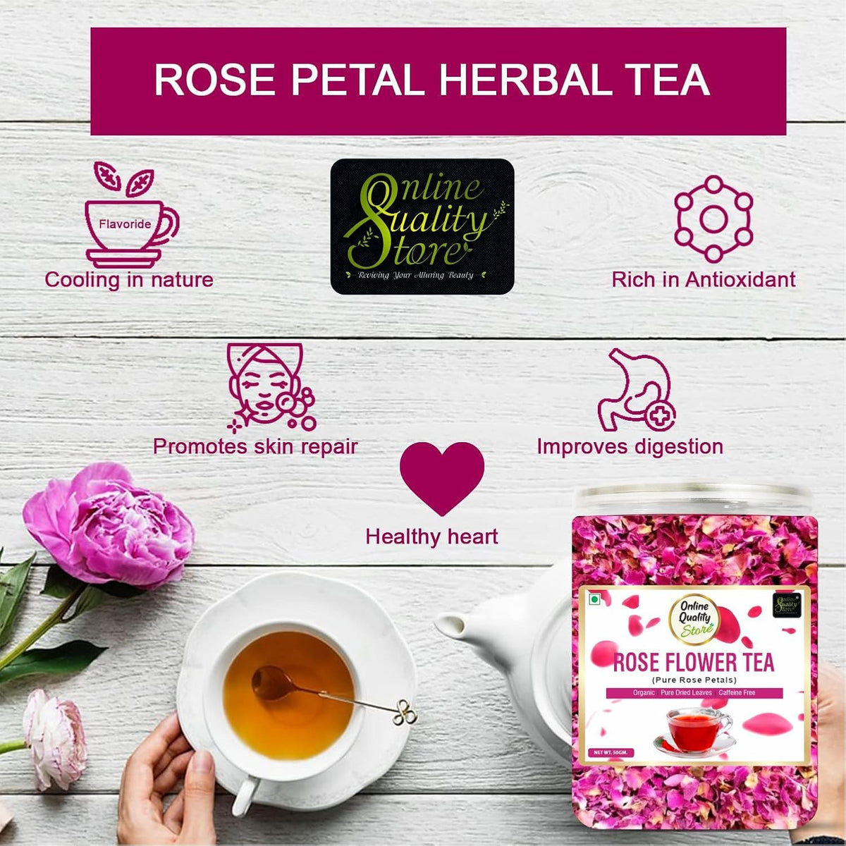 Online Quality Store Organic Rose Flower Tea - 50g | Pure Rose Petals | Caffeine Free Herbal Tea | Use for Iced Tea, Cocktails