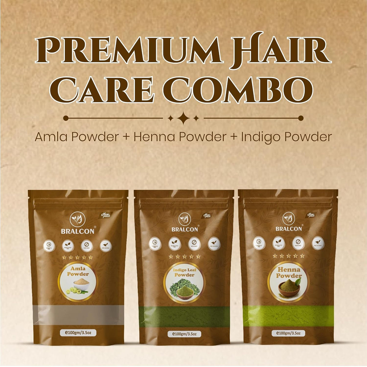 Bralcon Henna, Indigo and Amla Powder Combo (100g Each)