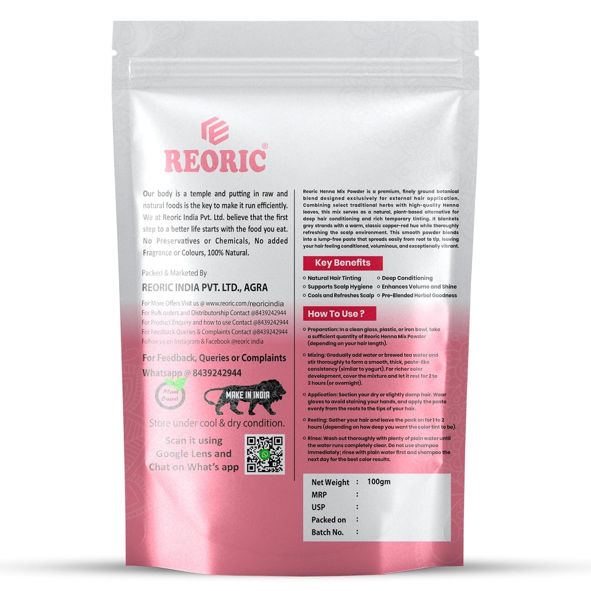 REORIC Henna Mix Powder for Natural Hair Color -100g