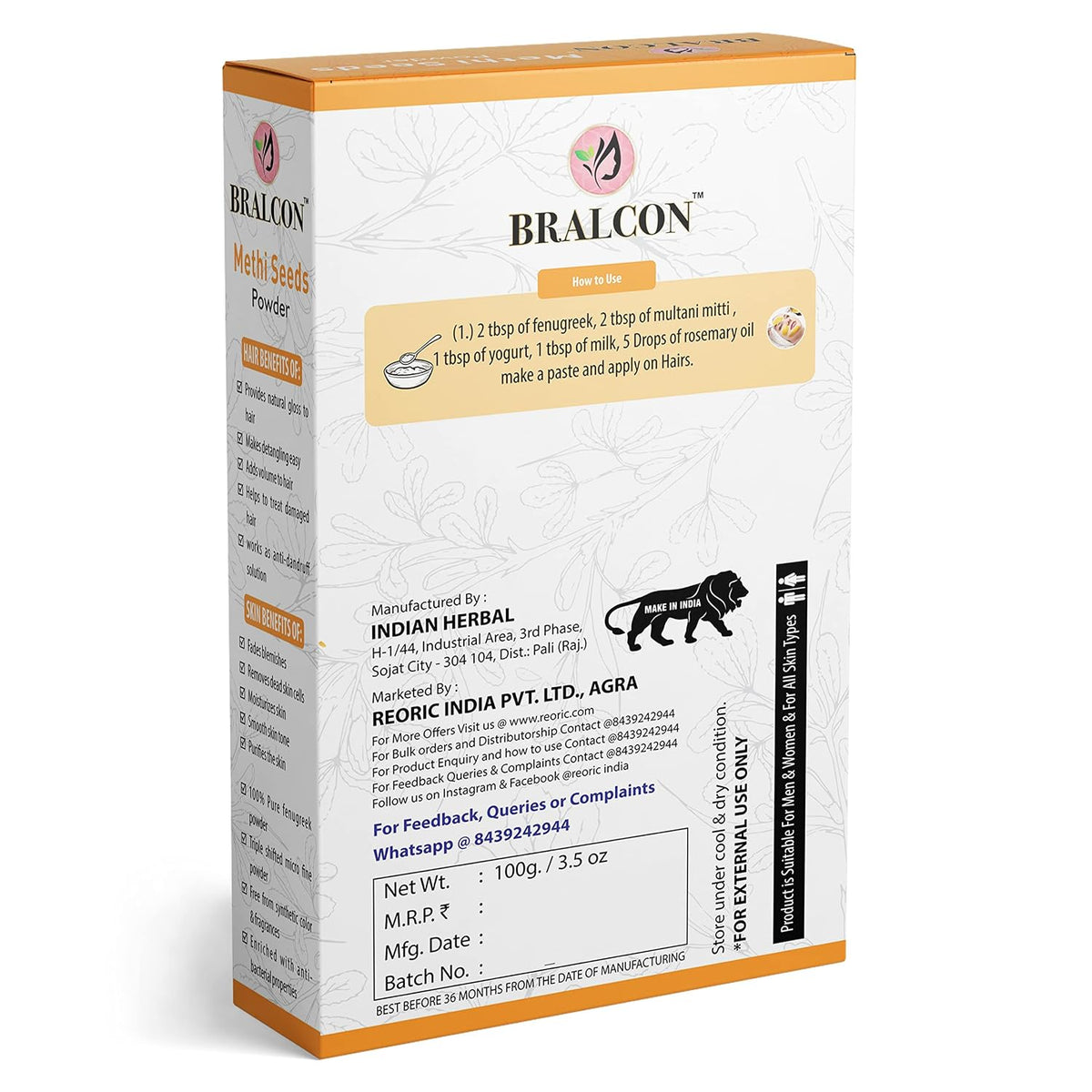 BRALCON Organic Methi Seeds Powder - 100g