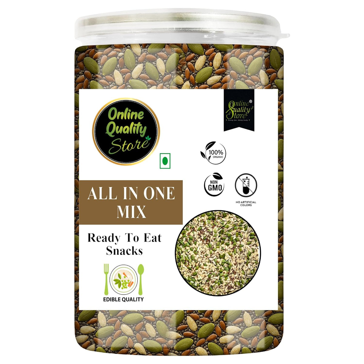 Online Quality Store Mix Seeds - 250g Jar | 6-In-1 Super Seeds Mix | Pumpkin, Sunflower, Watermelon, Flax, Strawberry and Chery Seeds - Mixed seeds for weight loss | Edible Seeds
