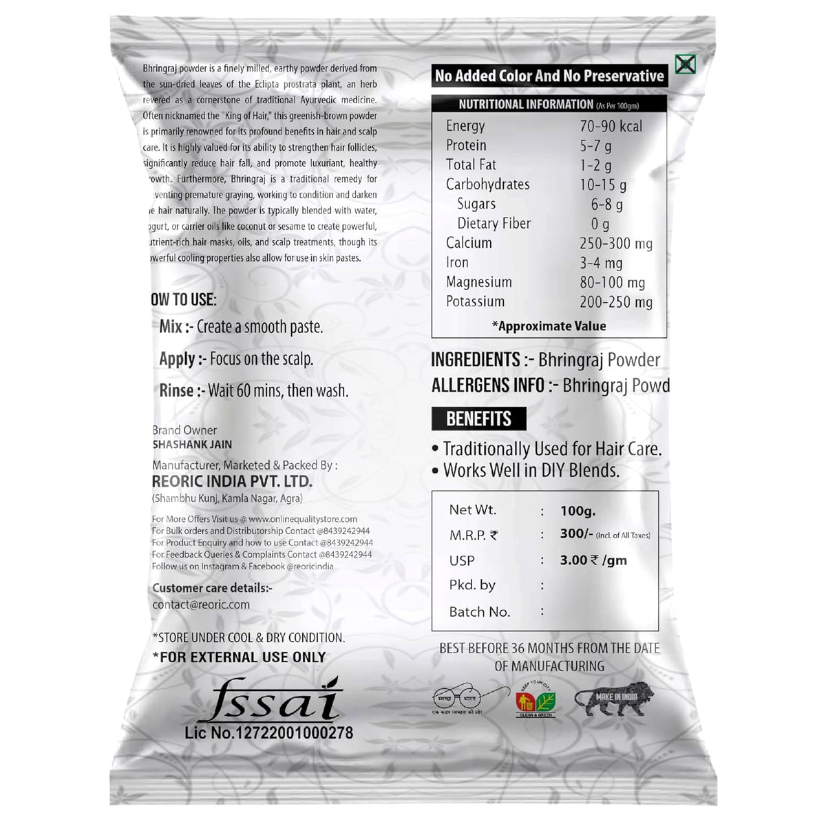 Amla, Reetha, Shikakai, Hibiscus, Bhringraj - 100g each (100 X 5 Pack) || Natural Herbal Powder Combo for Hairs || Chemical Free (Pack of 5, 100g each, Total 500 g Pack)