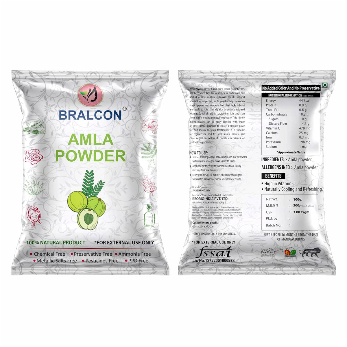 BRALCON Amla Powder 100g || 100% Natural Amla Indian Gooseberry Fruit Powder for Hair 100g Pack