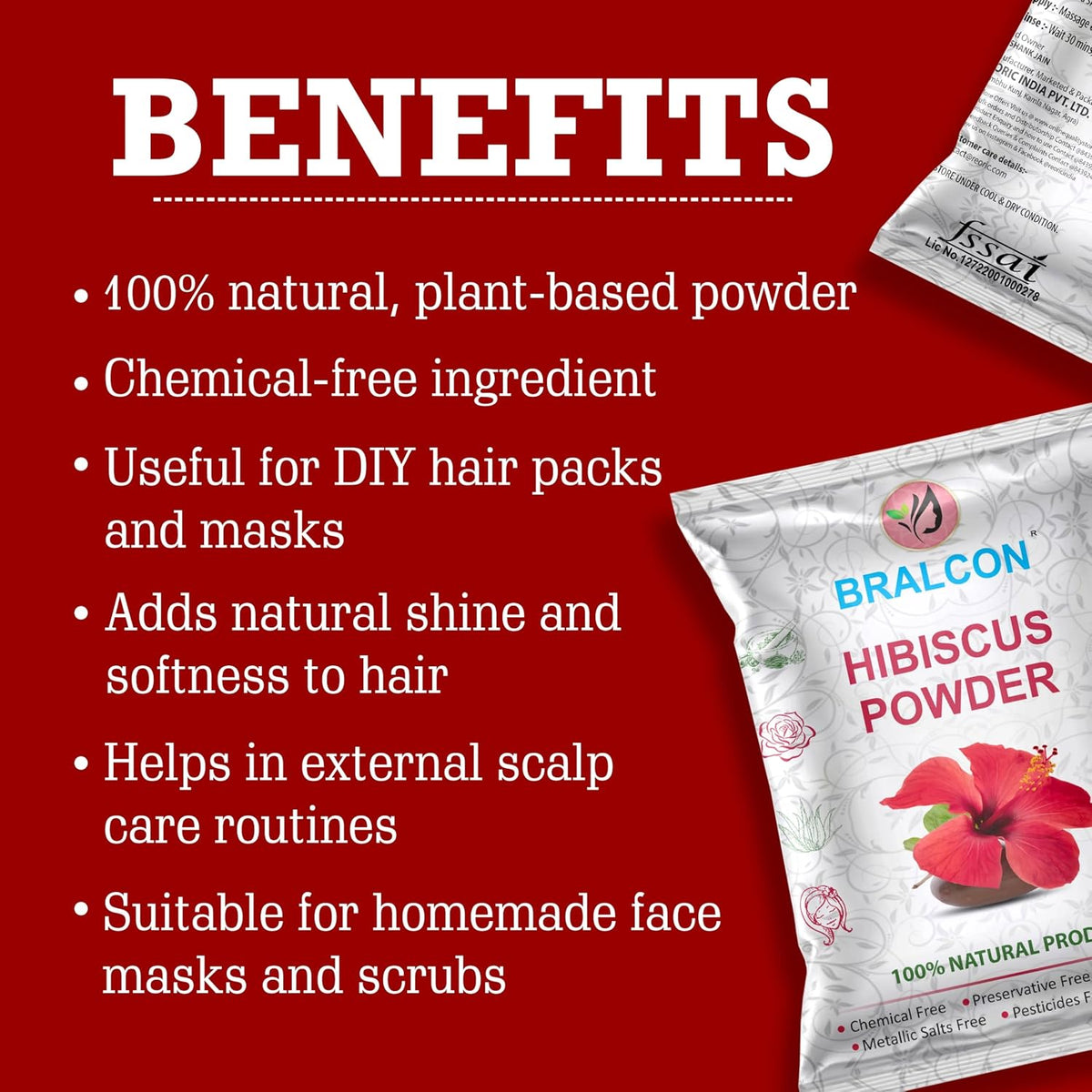 BRALCON Hibiscus Powder - 100gm, Natural Pure Hibiscus Rosa-Sinensis Flower Powder for Face Pack and Hair Mask, Hair Conditioner for Dull Hair & Dry Scalp, Gudhal Ka Phool Powder