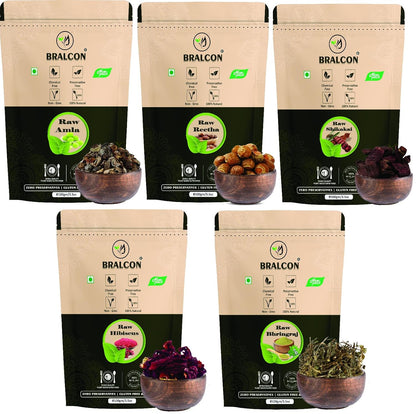 BRALCON Organic Raw Reetha, Amla, Shikakai, bhringraj, Hibiscus Combo- 500g(100g x 5 Pack)