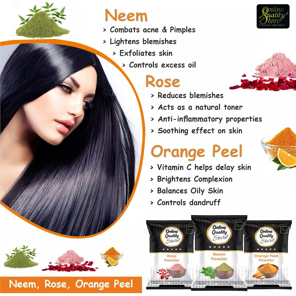 Online Quality Store Organic Neem Leaves Powder (100g) + Rose Petals Powder (100g) + Orange Peel Powder (100g), 300g