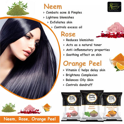 Online Quality Store Organic Neem Leaves Powder (100g) + Rose Petals Powder (100g) + Orange Peel Powder (100g), 300g