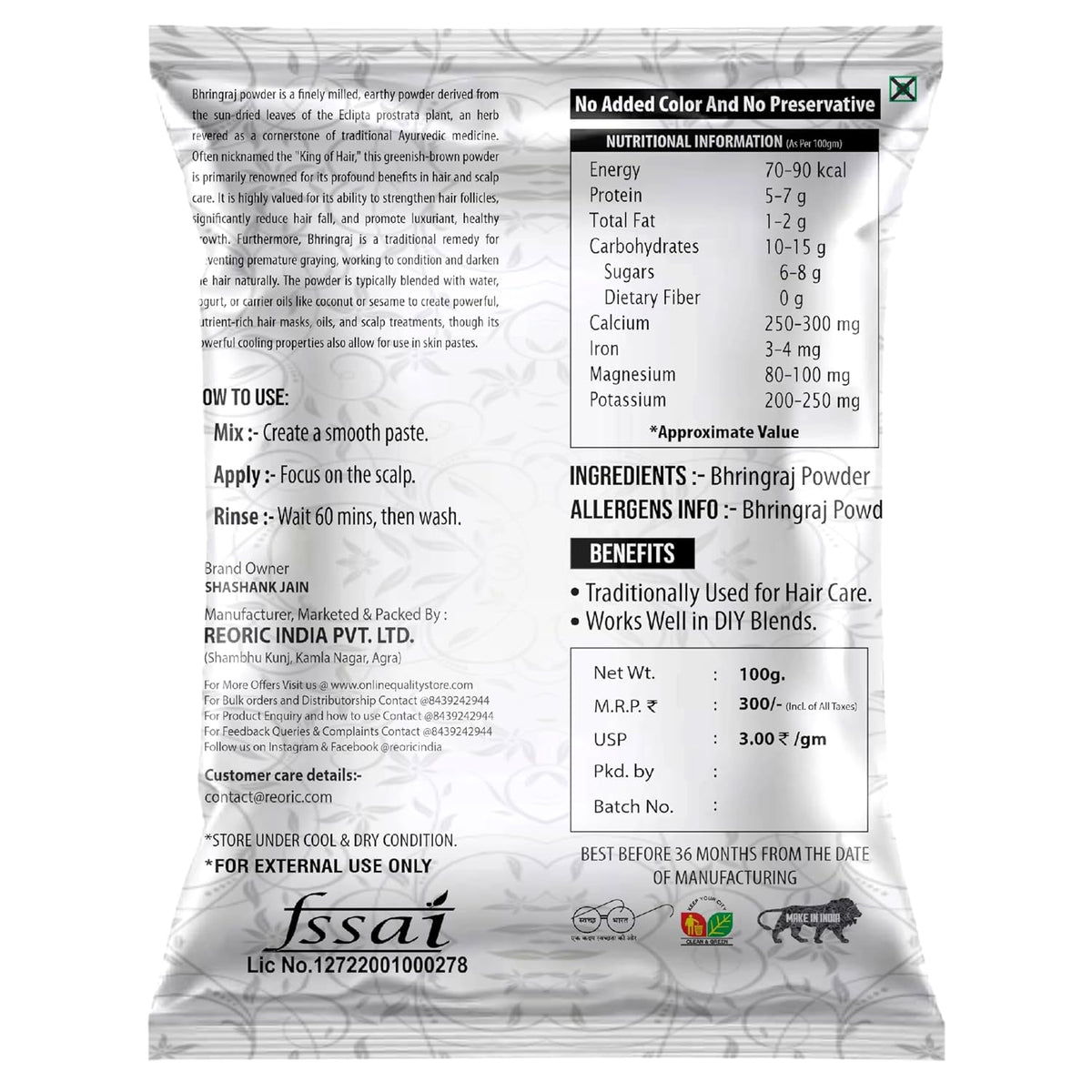 BRALCON Bhringraj Powder for Hair Oil, Hair Masks & Packs (100g) - 100% Natural, Chemical Free