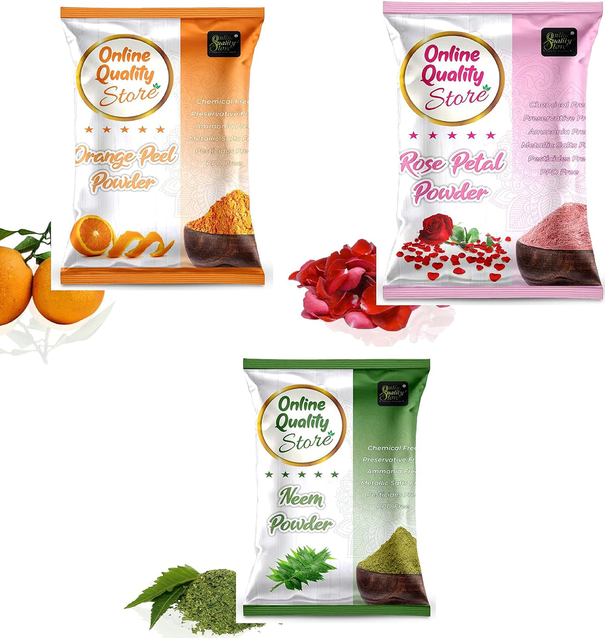 Online Quality Store Organic Neem Leaves Powder (50g) + Rose Petals Powder (50g) + Orange Peel Powder(50g), 150g