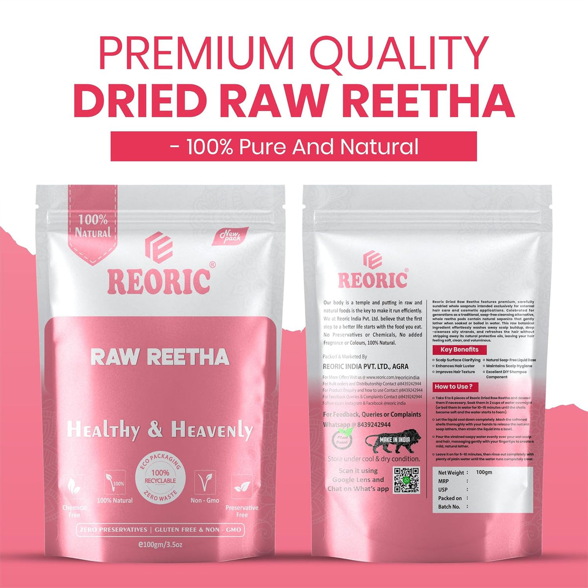 REORIC Raw Reetha Whole Dried Soapnuts for DIY Hair Wash & Scalp Cleansing, 100g
