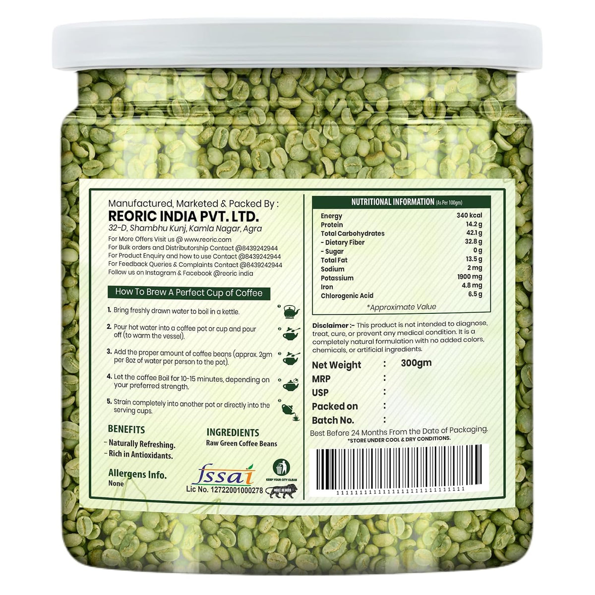 BRALCON Natural Unroasted Green Coffee Beans - 300g