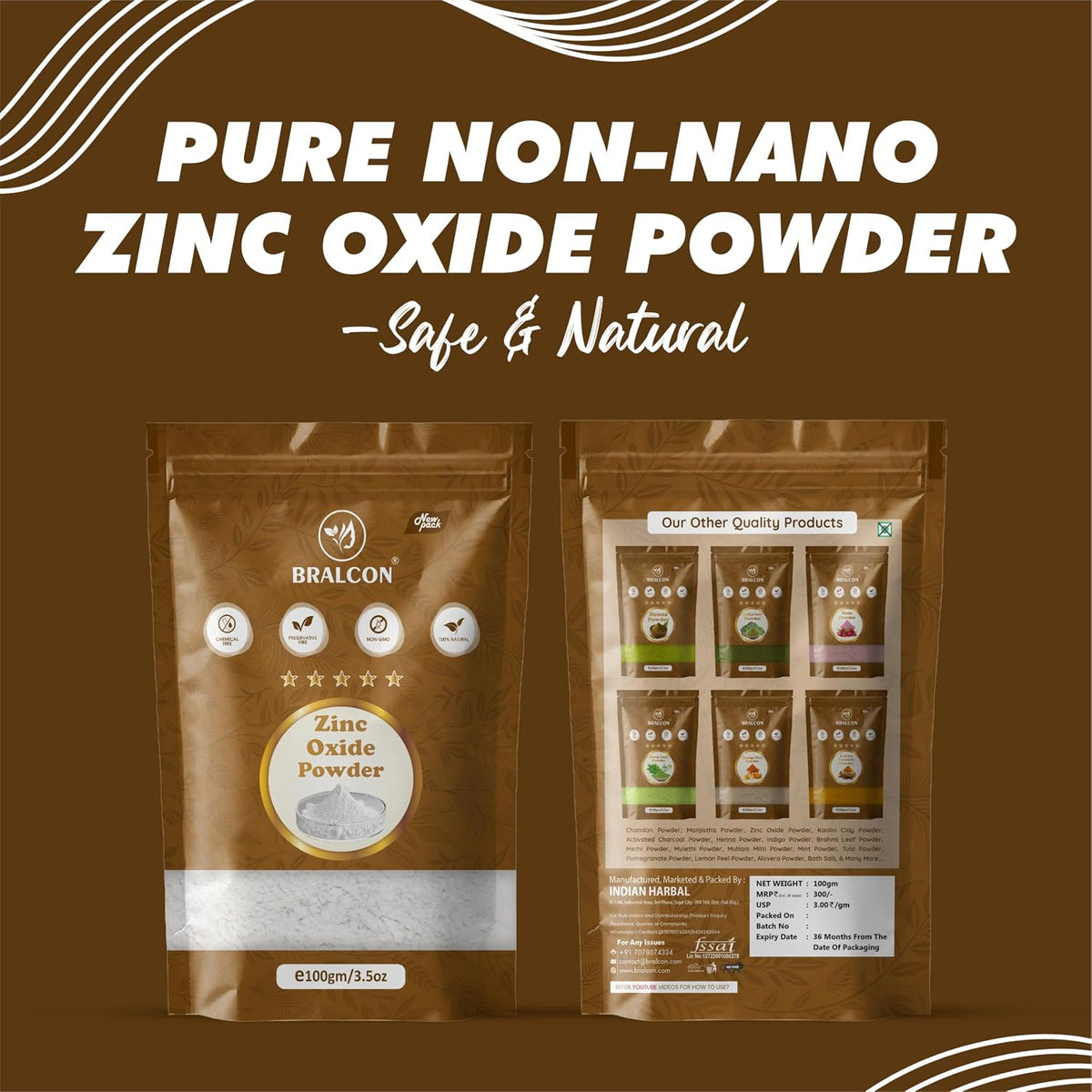 BRALCON Pure Zinc Oxide Powder (Non-Nano) 100gm – Natural Cosmetic Grade, Safe for DIY Skincare & Sunscreen Formulations, 100% Natural and Chemical Free for Face Masks, Lotions, Creams