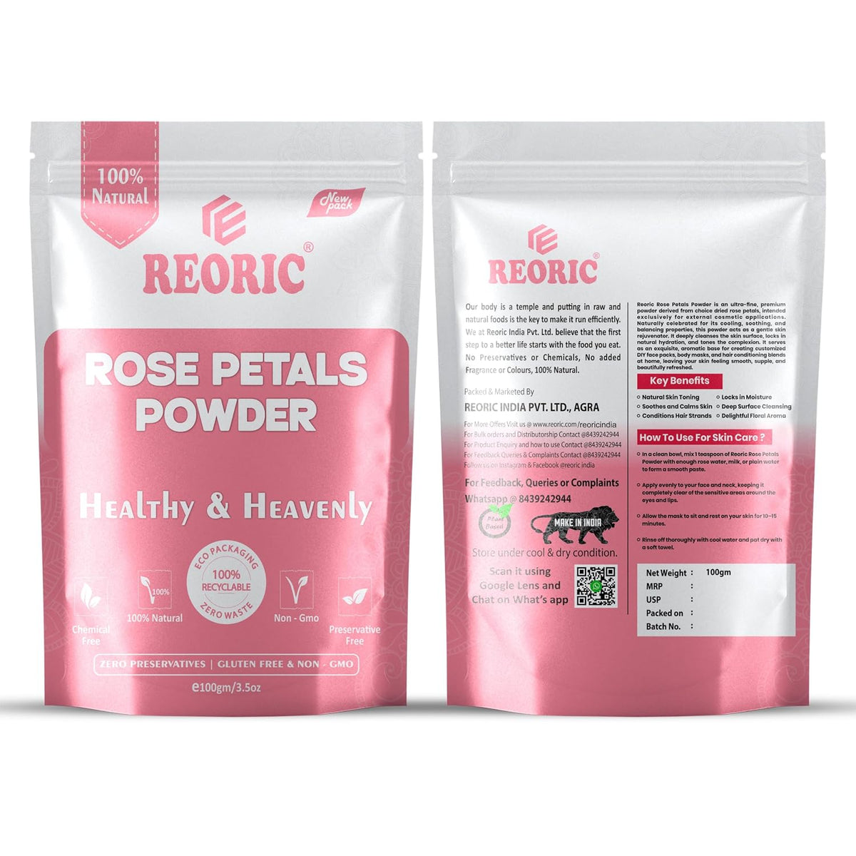 REORIC Rose Petal Powder for Face Pack & Skin Care -100g