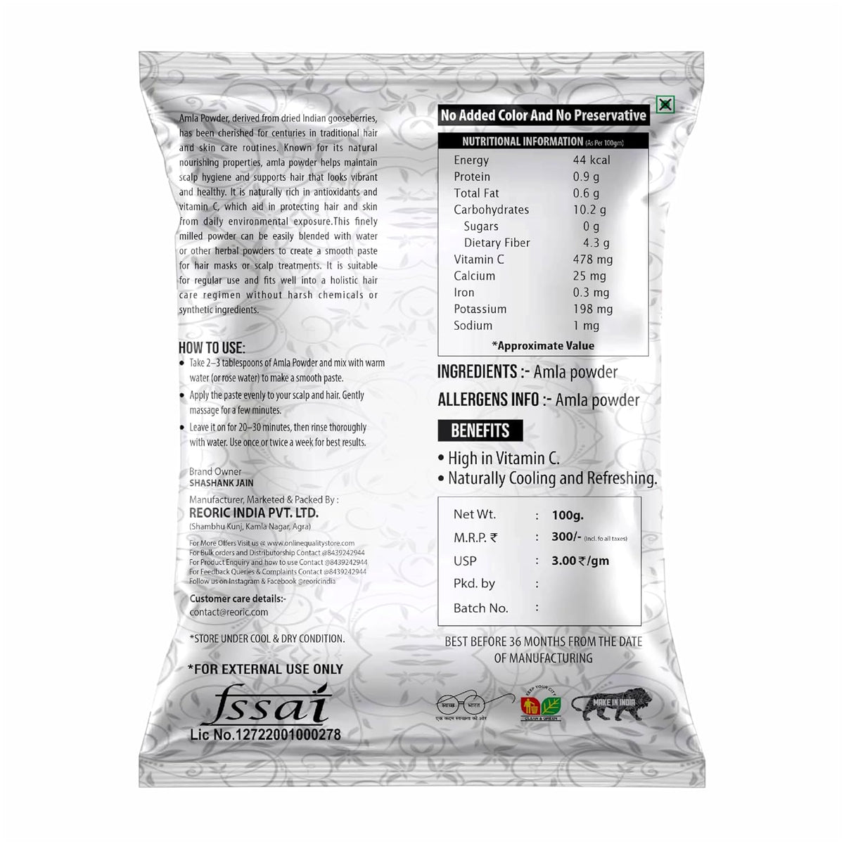 BRALCON Amla Powder 100g || 100% Natural Amla Indian Gooseberry Fruit Powder for Hair 100g Pack