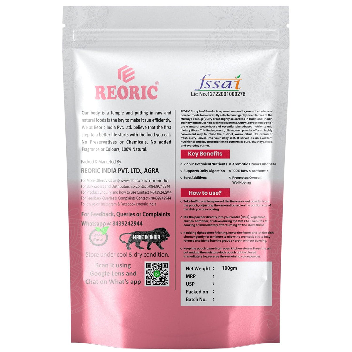 REORIC Curry Leaf Powder for Cooking - 100g
