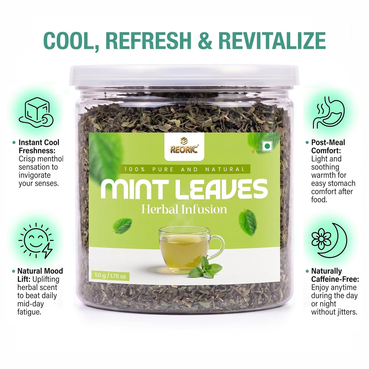 REORIC Mint Tea 50g | Refreshing Dried Mint Leaves Herbal Infusion | Cool Aromatic Loose Leaf Tea Blend | Daily Hot & Iced Beverage Brew