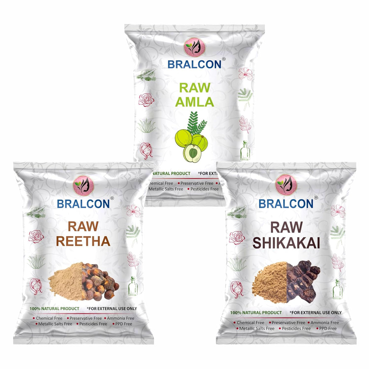 BRALCON Organic Raw Reetha, Amla, Shikakai Combo Pack- 300g(100g x 3 Pack)
