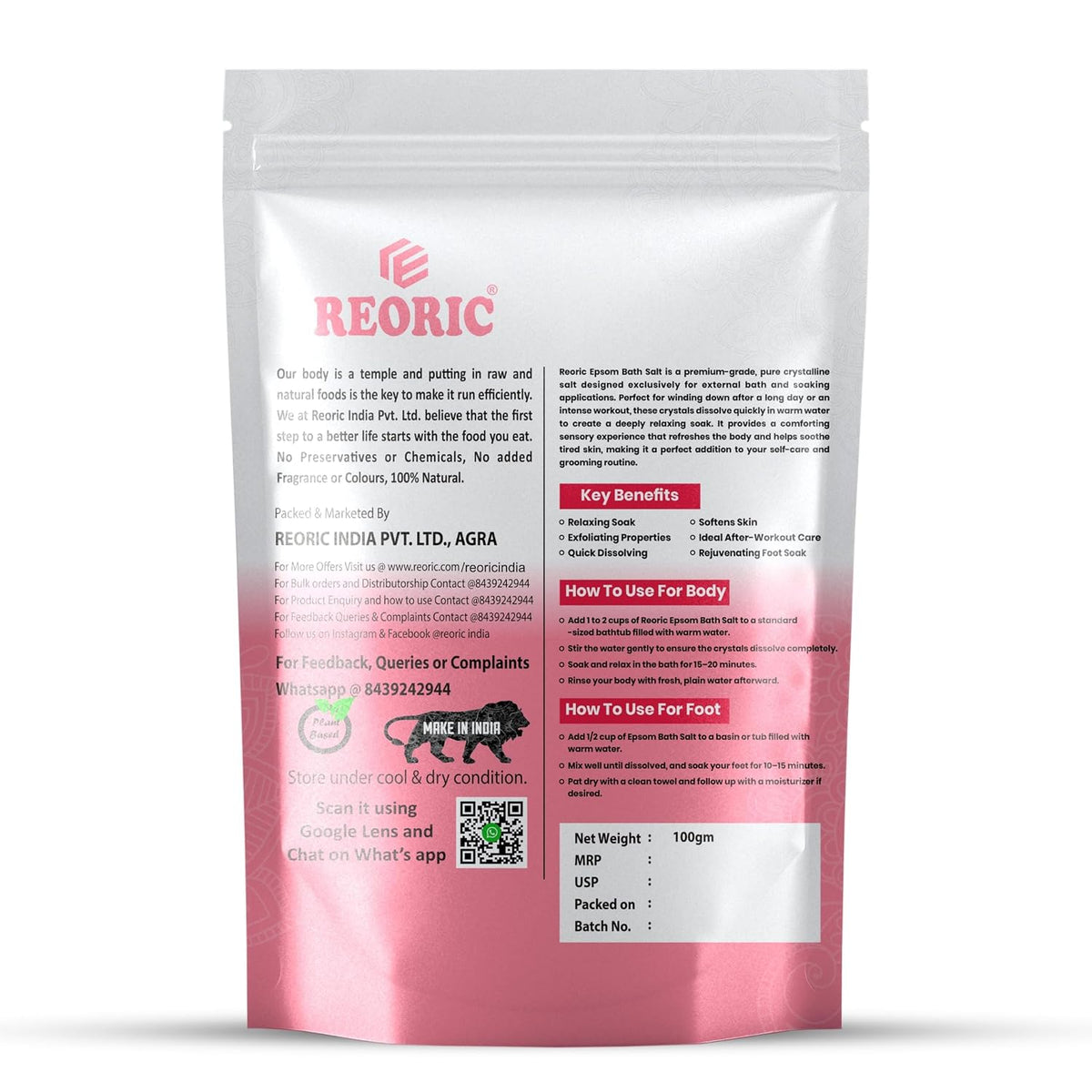 REORIC Pure Epsom Bath Salt 900g (Pack of 9 x 100g)