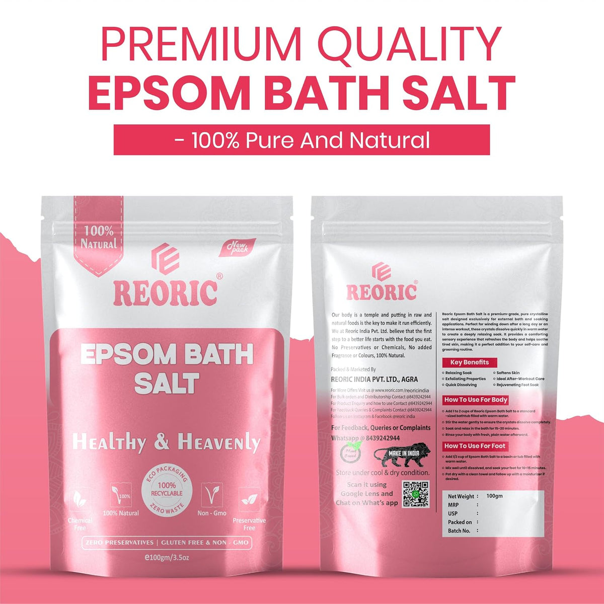 REORIC Pure Epsom Bath Salt 900g (Pack of 9 x 100g)