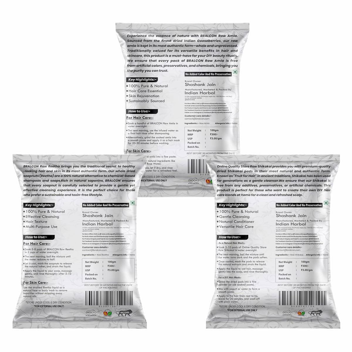 BRALCON Organic Raw Reetha, Amla, Shikakai Combo Pack- 300g(100g x 3 Pack)