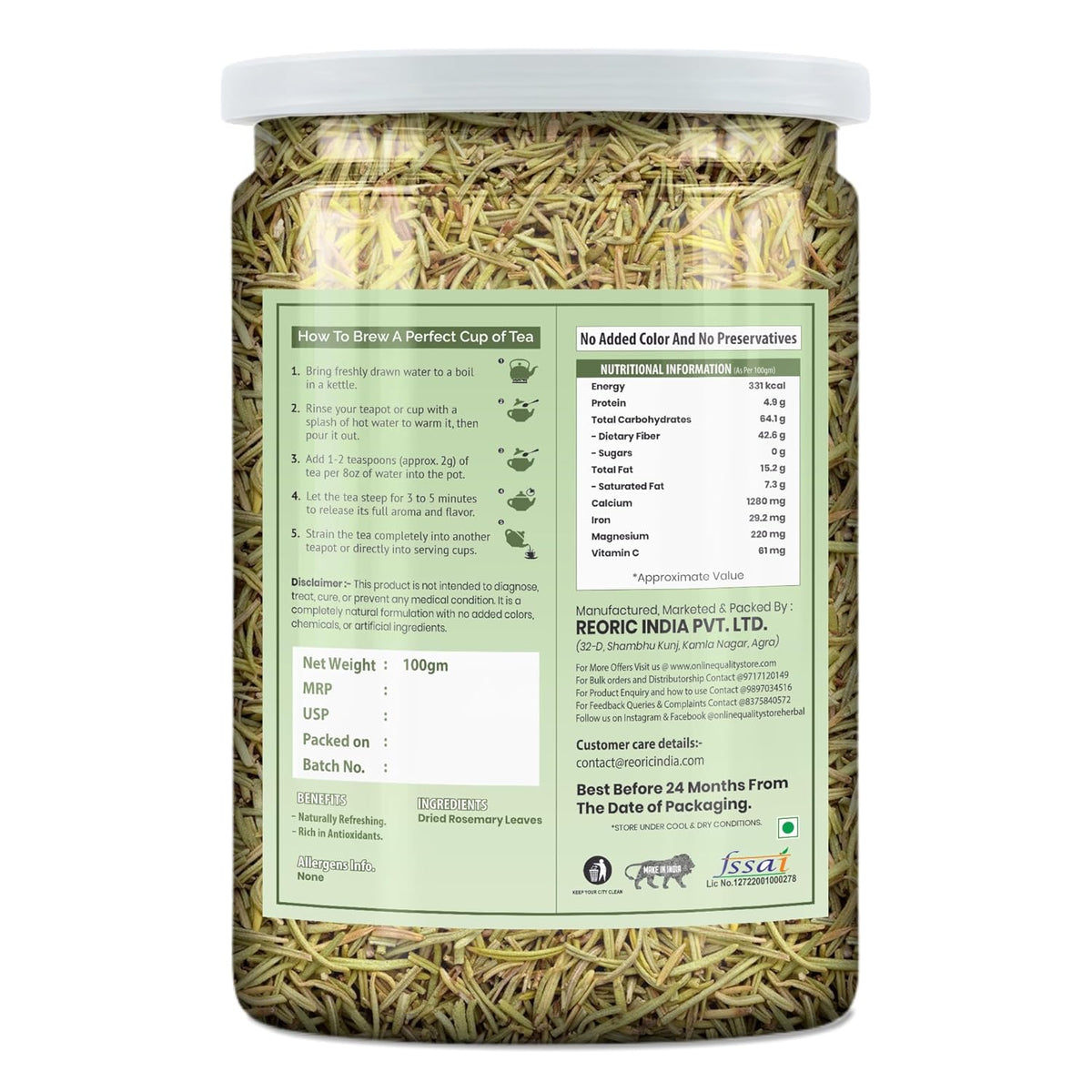 BRALCON Herbal Tea Combo Pack- Green Tea, Lemongrass, Hibiscus Flower, Rosemary, 100g Each