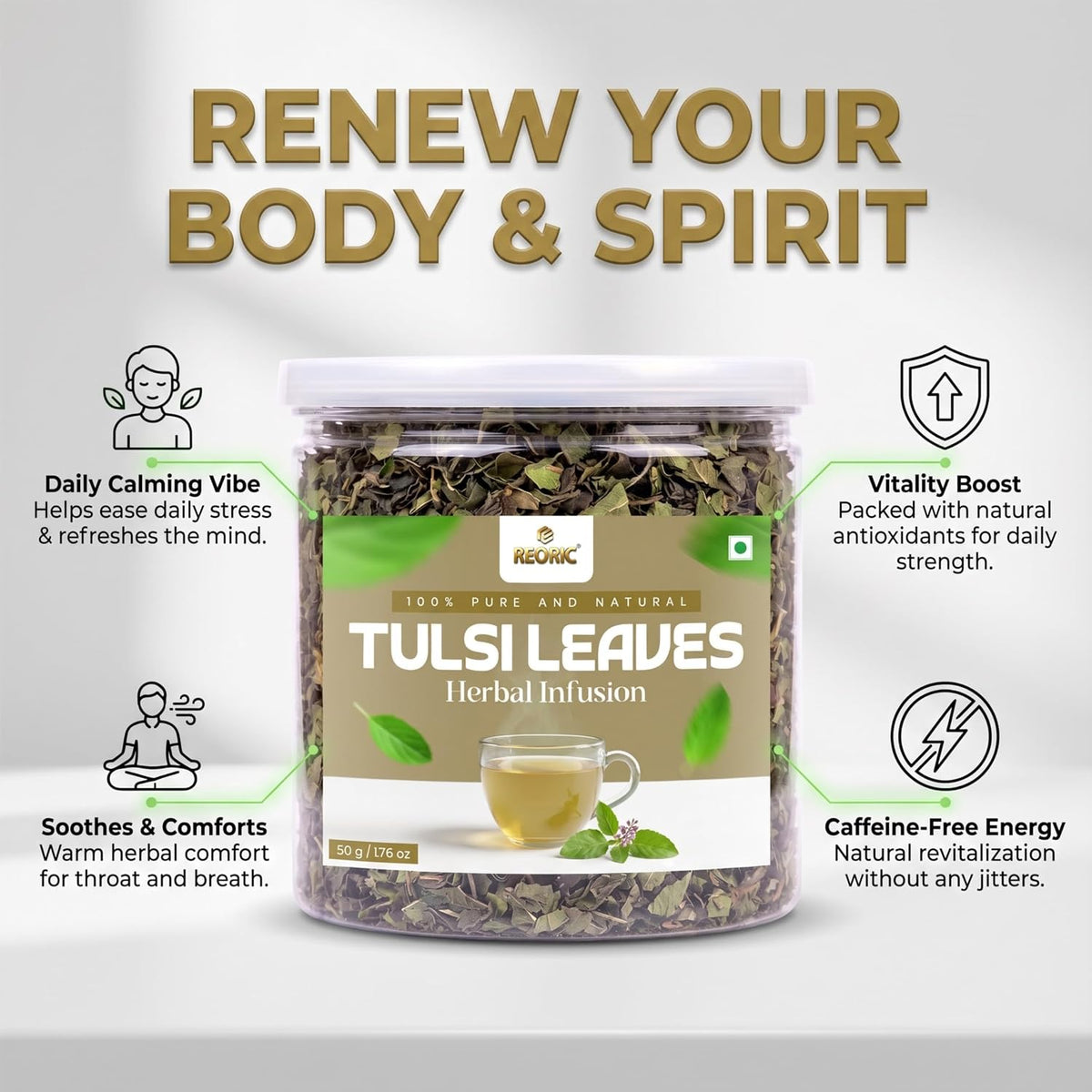 REORIC Tulsi Herbal Tea | Premium Holy Basil Leaves Tea Infusion for Morning & Evening Refreshment, 50g