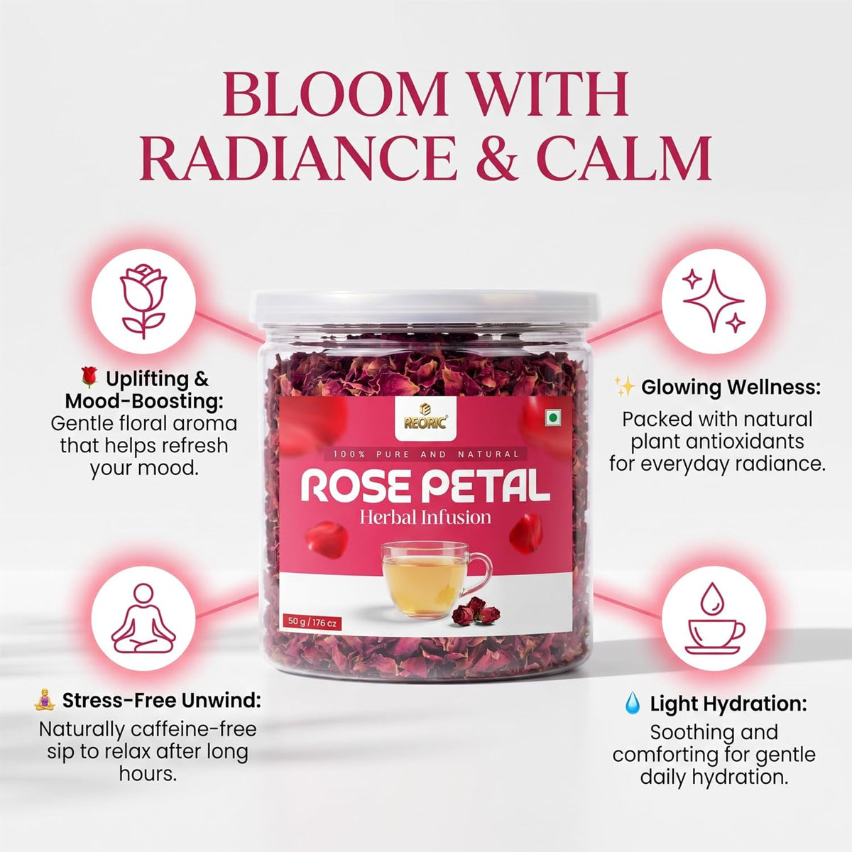 REORIC Rose Petal Tea 50g | Dried Rose Petals Herbal Infusion | Aromatic Floral Loose Leaf Brew | Daily Hot & Iced Beverage Drink