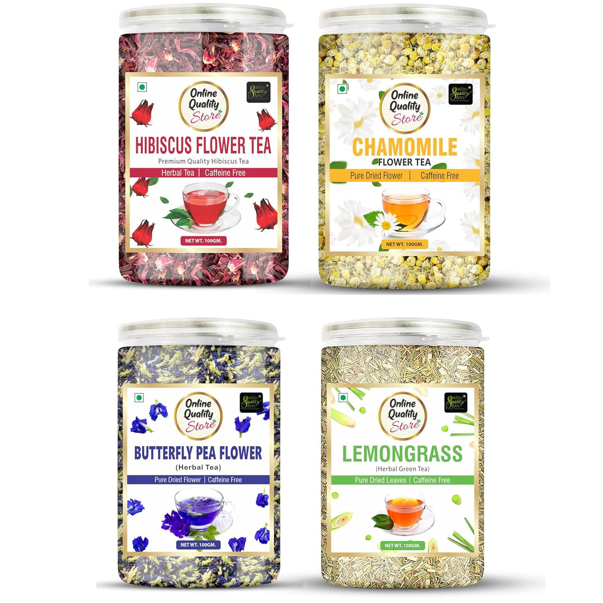 Online Quality Store Hibiscus Flower Tea, Butterfly Pea Tea, Chamomile Tea, Lemongrass Tea-100g Each