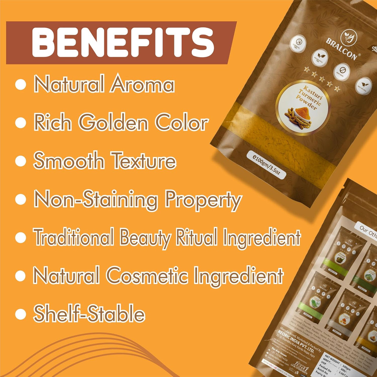 BRALCON Kasturi Turmeric Powder 100gm for Face Beauty and Skin Treatment - Wild Turmeric Powder for All Skin Types - 100% Natural and Chemical Free