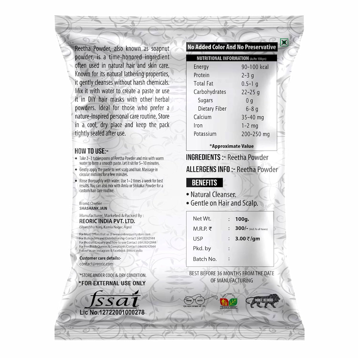 BRALCON Reetha Amla Shikakai Powder | Natural Hair Care Powder Set - 300 g , 100g Each | Chemical-Free | Hair Shampoo