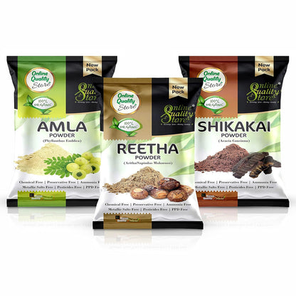 Online Quality Store Amla, Reetha, Shikakai Powder Combo powder Pack for Hair |hair pack powder combo |hair care products |reetha amla shikakai combo powder |natural products for hair |products for hair (Pack of 3 ,Total 380g Pack)