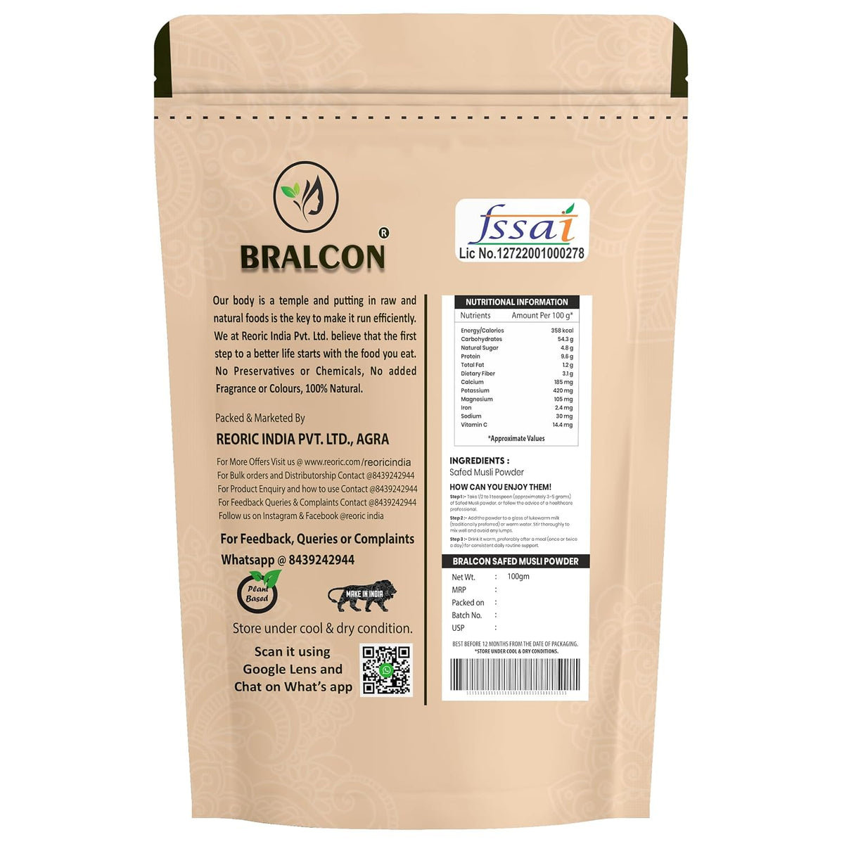 BRALCON Pure Safed Musli Root Powder -100g