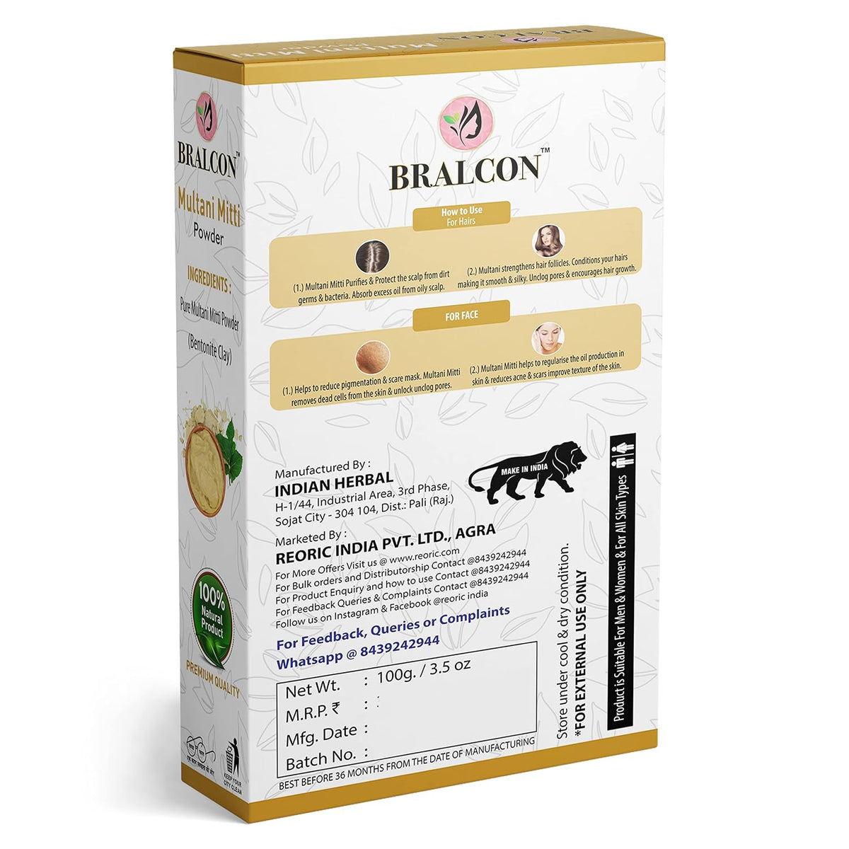 BRALCON Activated Charcoal, Chandan, Orange, Multani Mitti Powder Combo-400g(100g x 4 Pack)