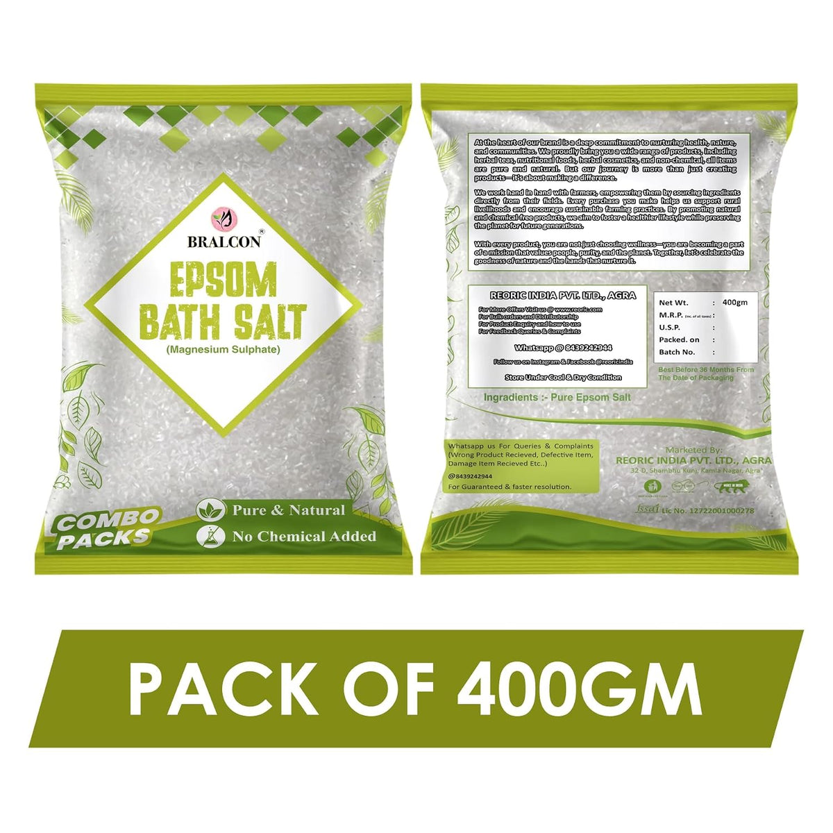 BRALCON Epsom Salt for Foot Soak & Bath - 400g | Natural Bath Salt for Relaxation & Soothing Experience | Bath Salt for Spa, Foot Care & Daily Wellness Use