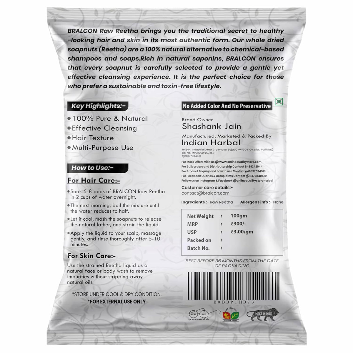 BRALCON Organic Raw Reetha, Amla, Shikakai Combo Pack- 300g(100g x 3 Pack)