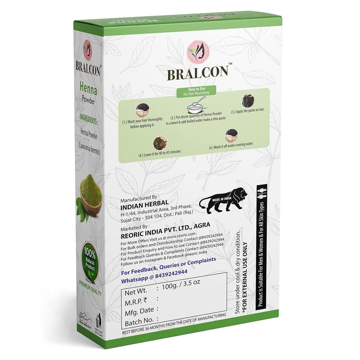 BRALCON Organic Henna Powder, Indigo Powder Combo - 200g(100g x 2 Pack)